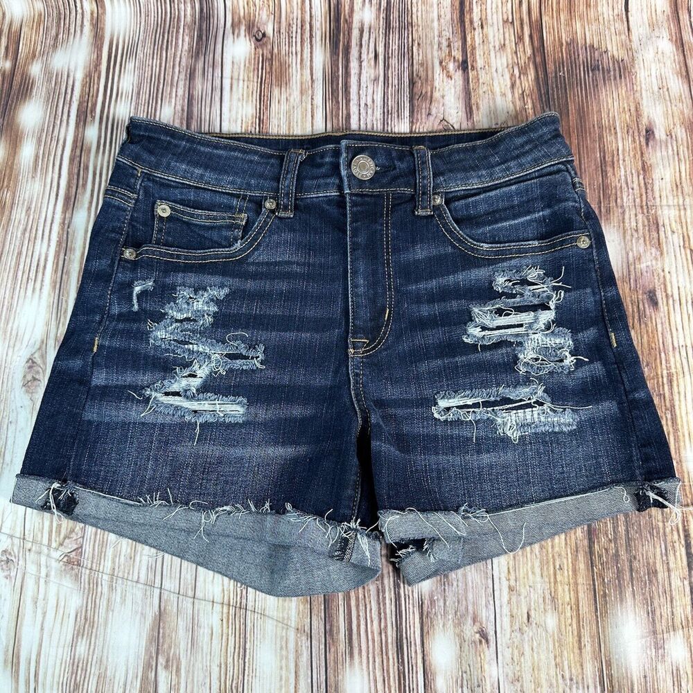 American Eagle HI RISE SHORTIE Size 4 Distressed Denim Cut Off Jean Shorts 27x3